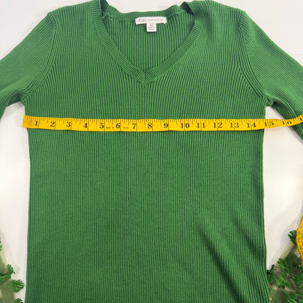 Green Ribbed V Neck Top Sheer Embroidered Bell Sleeve Cottagecore Fairy Boho M - Picture 6 of 11